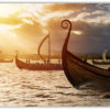 Viking båtar i solnedgång poster