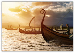 Viking båtar i solnedgång poster
