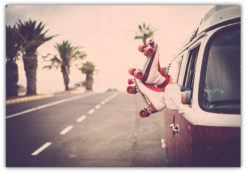 Retro rollerblades and WV camping van.