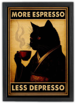 Svart katt dricker espresso 30x40cm med ram - Bild 3