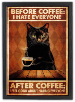 Svart katt dricker kaffe 30x40cm med ram - Bild 3