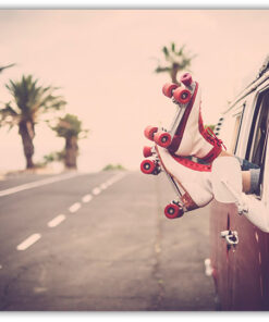 Retro rollerblades and WV camping van.