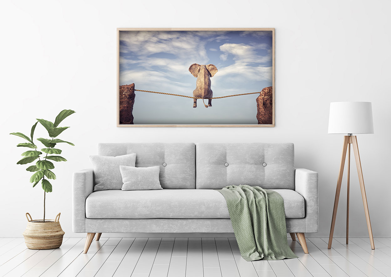 Elefant sitter på rep mellan bergen Poster - Bild 3